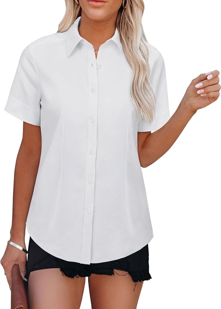 Womens Button Down Shirts Short Sleeve Fitted Button Up Dress Shirt Solid Collared Blouse Wrinkle... | Amazon (US)