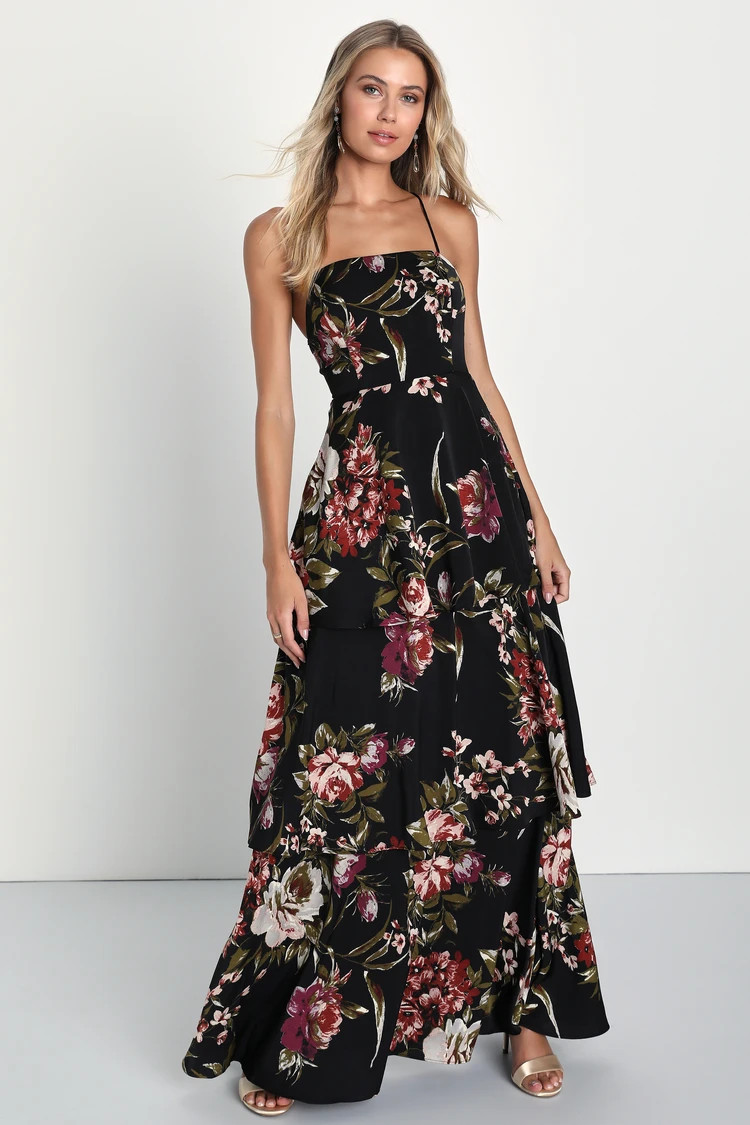 Enchanting Blossom Black Floral Satin Lace-Up Tiered Maxi Dress | Lulus (US)