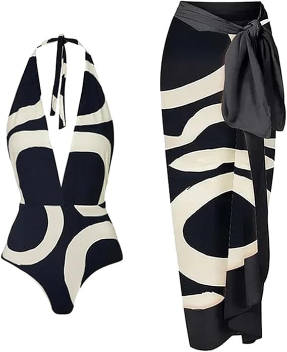 Women One Piece Swimsuit with Beach Cover Up Wrap Skirt Set Floral Print Bikini Tummy Control Two... | Amazon (US)