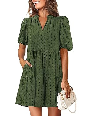 KIRUNDO Eyelet Summer Dresses for Women Mini Casual Hollow Out Short Sleeve Lace Tiered V Neck Sh... | Amazon (US)