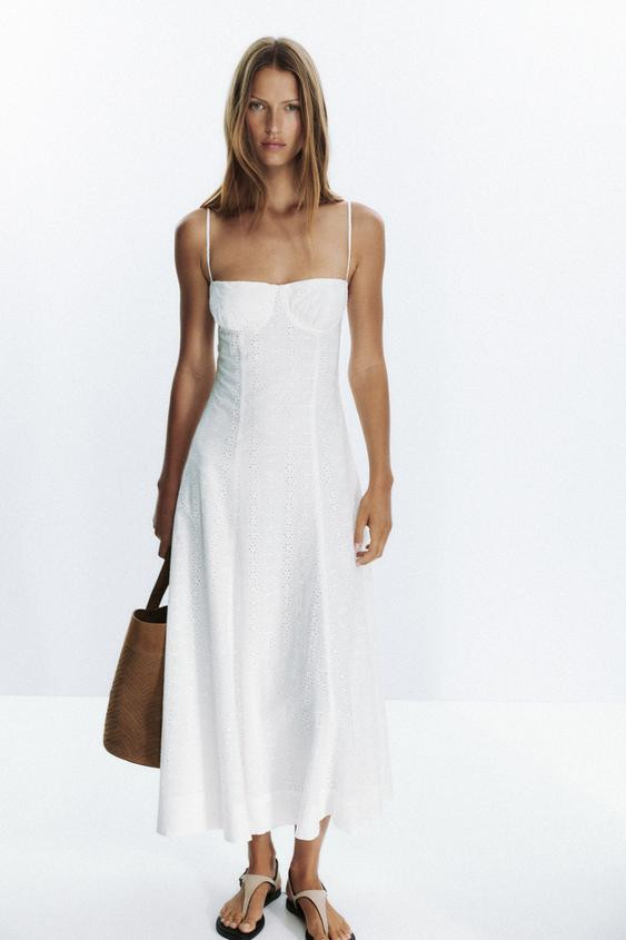 EMBROIDERED EYELET CORSET MIDI DRESS | Zara US