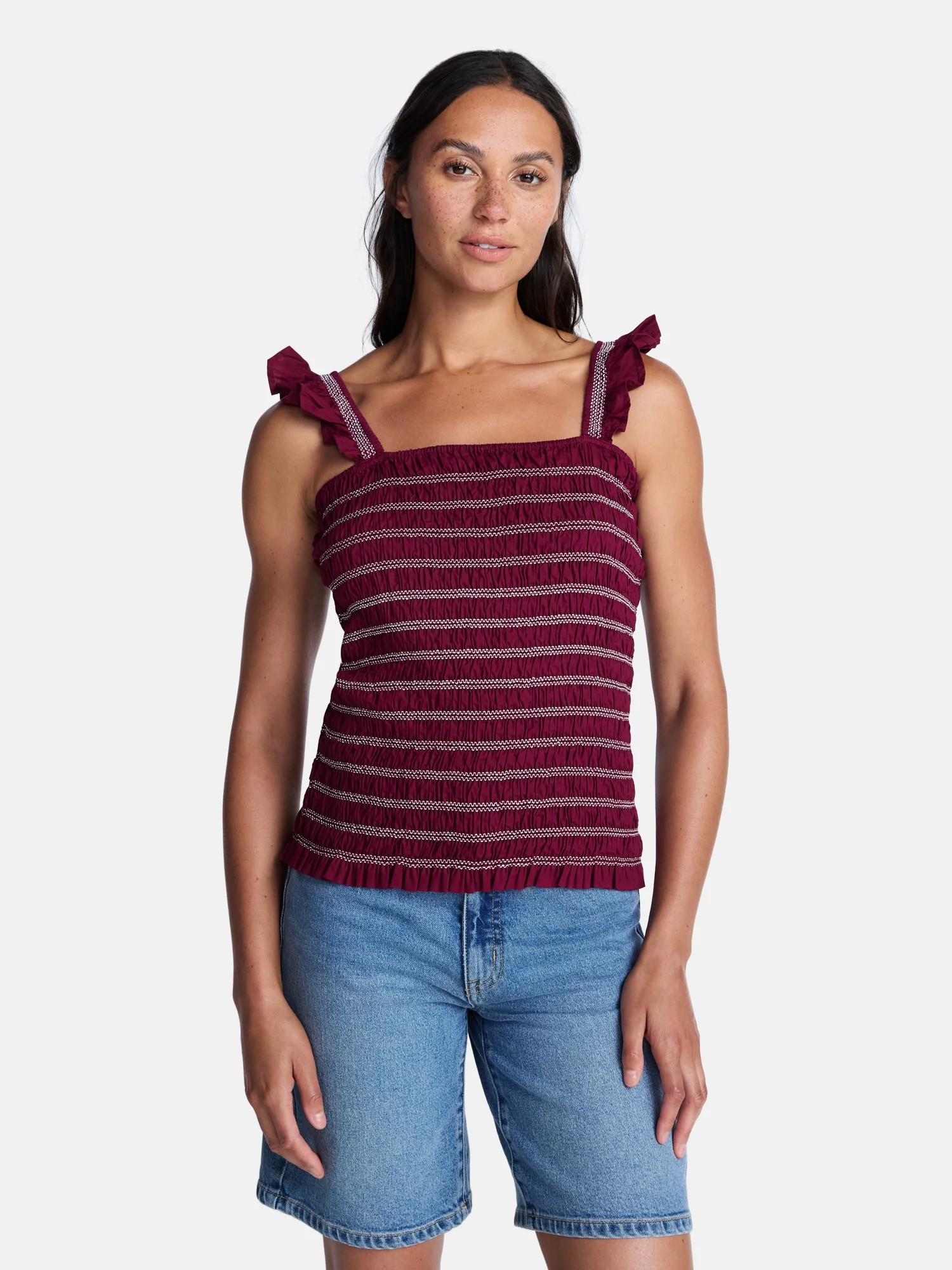 Time and Tru Women's Smocked Cotton Tank Top with Ruffle Straps, Sizes XS-XXXL | Walmart (US)