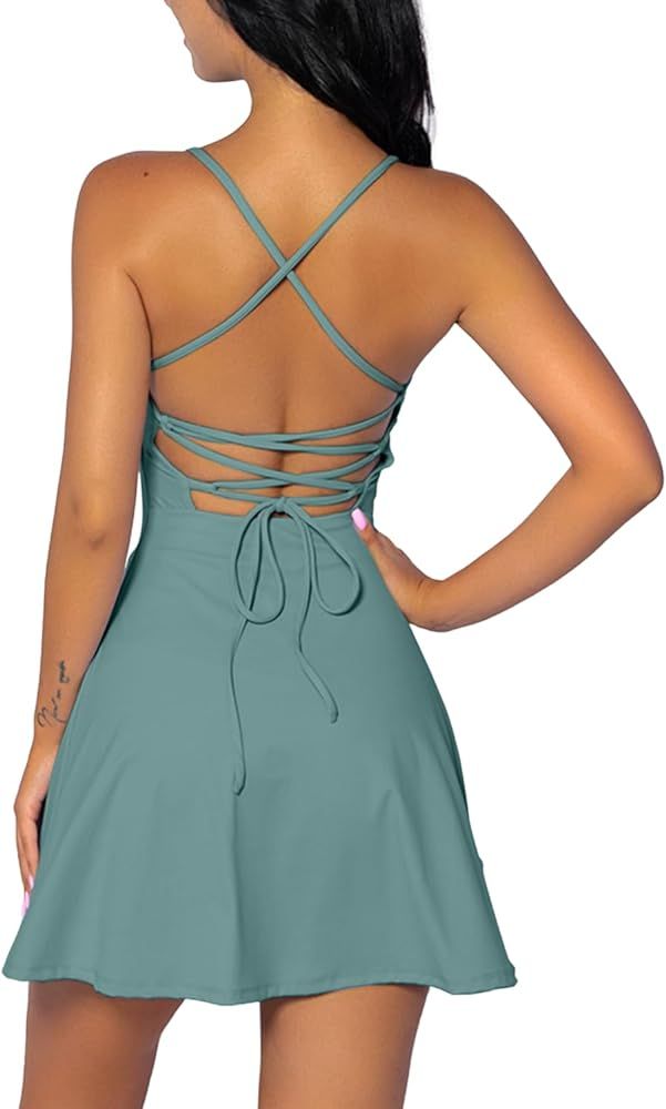 Amazon.com: QINSEN Women's Open Back Active Dress Criss Cross Spaghetti Strap Tennis Dresses for ... | Amazon (US)