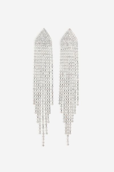 Long rhinestone earrings - Silver-coloured - Ladies | H&M GB | H&M (UK, MY, IN, SG, PH, TW, HK)
