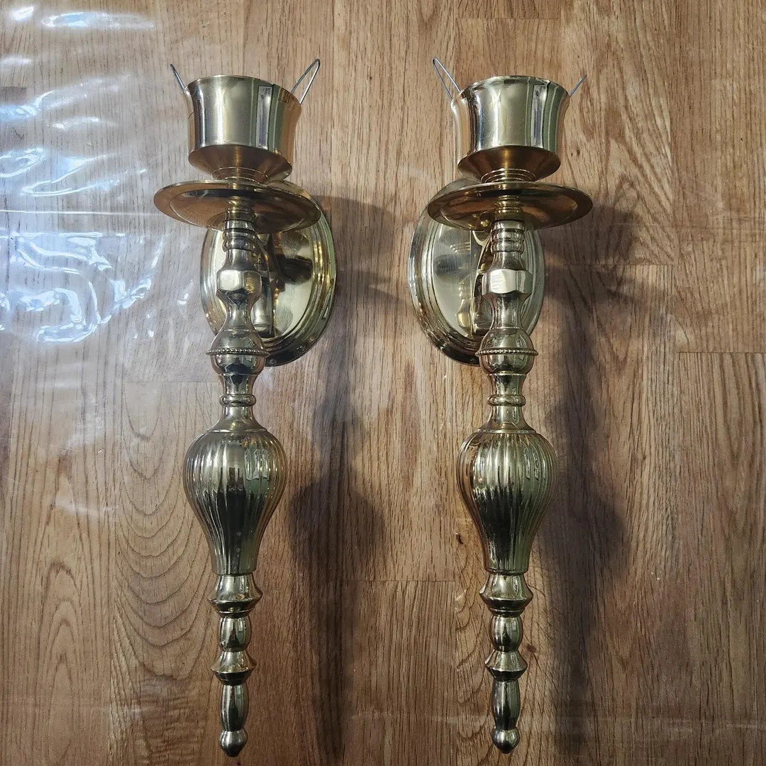 Vintage Elegant Brass Wall Hanging Sconces Pair Candle Holders - Etsy | Etsy (US)