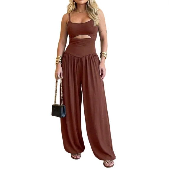 ChicMe Jumpsuits For Women Spaghetti Strap Sleeveless Cut-Out Waist Backless Tie-Back Ruched Wome... | Walmart (US)