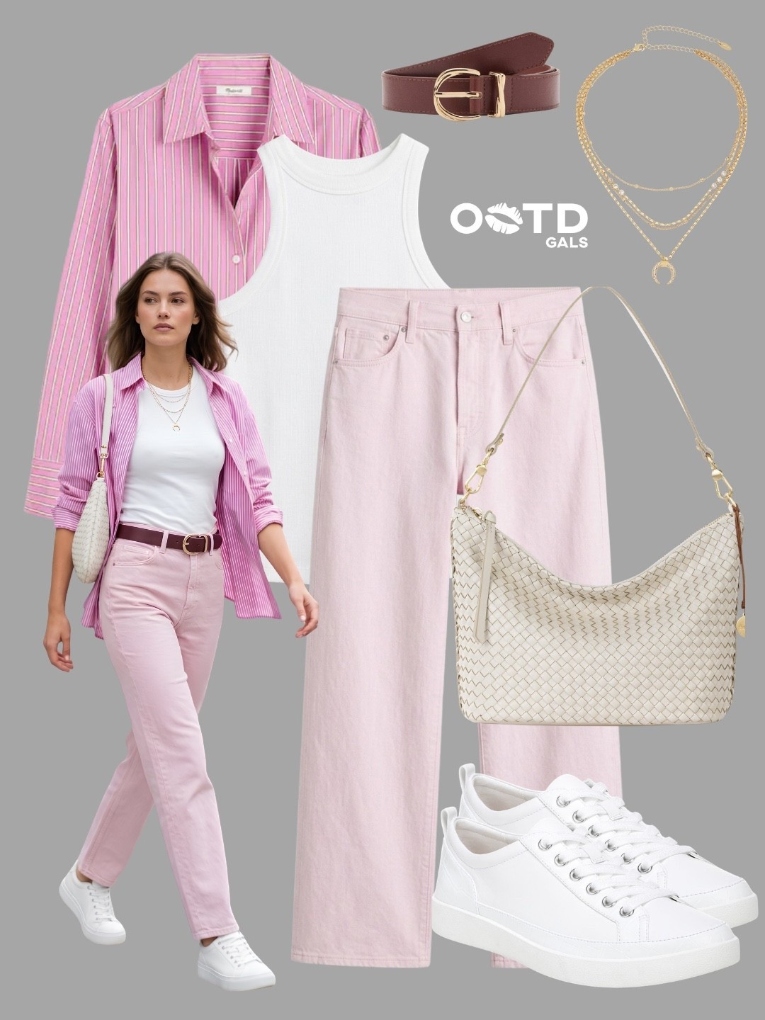 Soft pink tones and crisp white basics create a fresh, feminine take on everyday casual style 💗🤍

This outfit combines relaxed silhouettes with polished details for a look that feels effortlessly put together. The striped pink button-down adds a playful pop of color, layered over a classic white tank for a clean foundation. Matching blush wide-leg jeans keep the palette cohesive, while white accessories maintain the outfit's light and airy feel.

✨ Style Details:
• Pink and white striped oversized button-down shirt
• White ribbed tank top
• Blush pink wide-leg jeans
• Brown leather belt with gold-tone buckle
• Woven ivory shoulder bag
• Layered gold pendant necklace
• White low-top sneakers

The combination of soft pink, crisp white, and warm brown accents creates a balanced color palette that feels both modern and timeless. Casual, comfortable, and easy to style, this look is perfect for days when you want to feel polished without sacrificing comfort.

Perfect for brunch dates, shopping trips, weekend outings, coffee runs, casual office days, travel, campus wear, or everyday spring and summer styling.

#PinkStyle #CasualChic #EffortlessFashion

#LTKsummer #LTKeurope #LTKstyletip