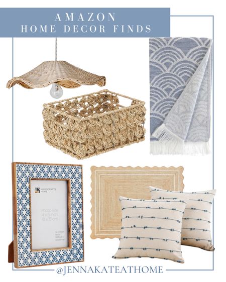 Amazon coastal home decor, including wicker baskets and light fixtures, scalloped doormats, pretty kitchen and bathroom towels, decorative throw pillows, blue and white picture frames

#LTKfamily #LTKhome