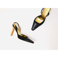 2000S Y2K Vintage Gucci Black Leather & Gold High Heels Size 7 Sling Back Pumps Toe Made in Italy De | Etsy (US)