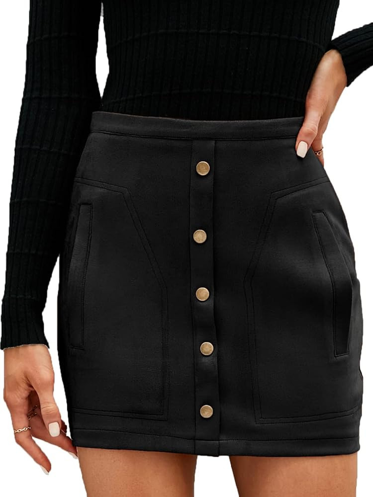Naggoo Women's High Waist Skirts Sexy Faux Suede Bodycon Button A-Line Mini Skirt with Pockets | Amazon (US)