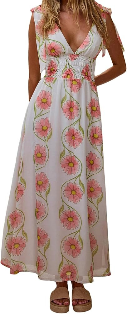 Women Tie Shoulder Boho Maxi Dress Floral Flowy A Line Long Sundress Summer Y2k Smocked Bohemian ... | Amazon (US)