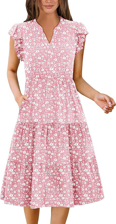 Zeagoo Womens Summer Casual Dresses Ruffle Sleeve V Neck Midi Dress Flowy Tiered Dress with Pocke... | Amazon (US)