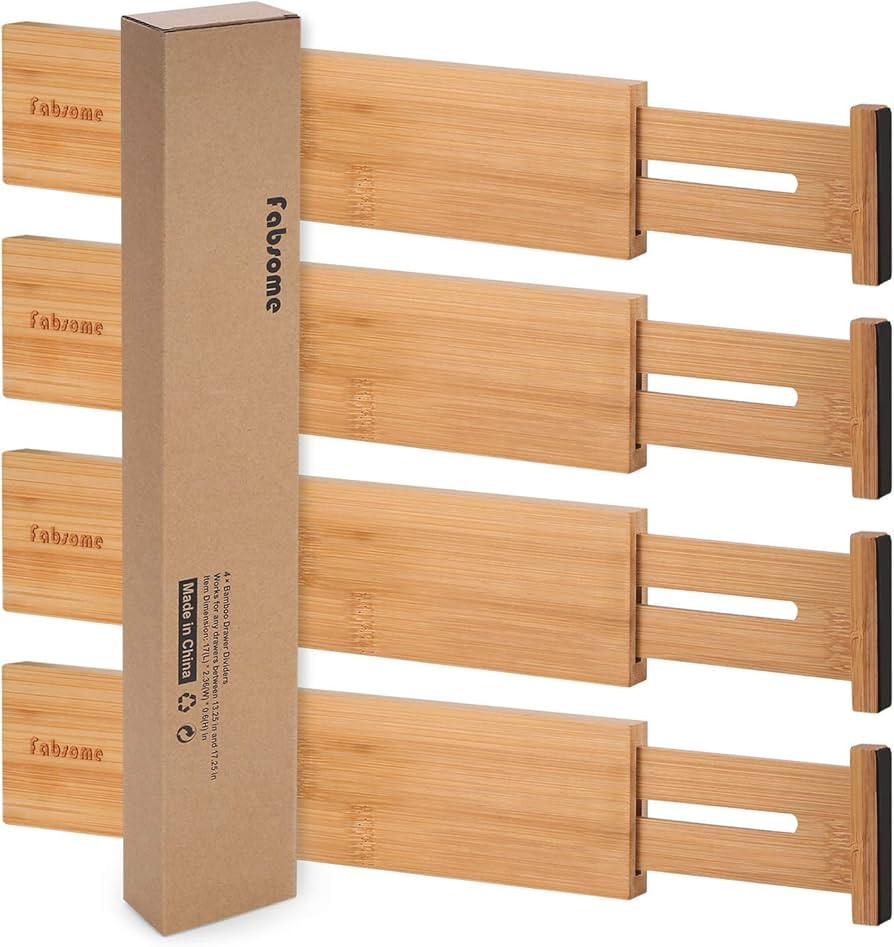 Fabsome Drawer Divider 4 Pack, Adjustable Bamboo Drawer Organizers for Clothing, Wooden Dresser D... | Amazon (US)