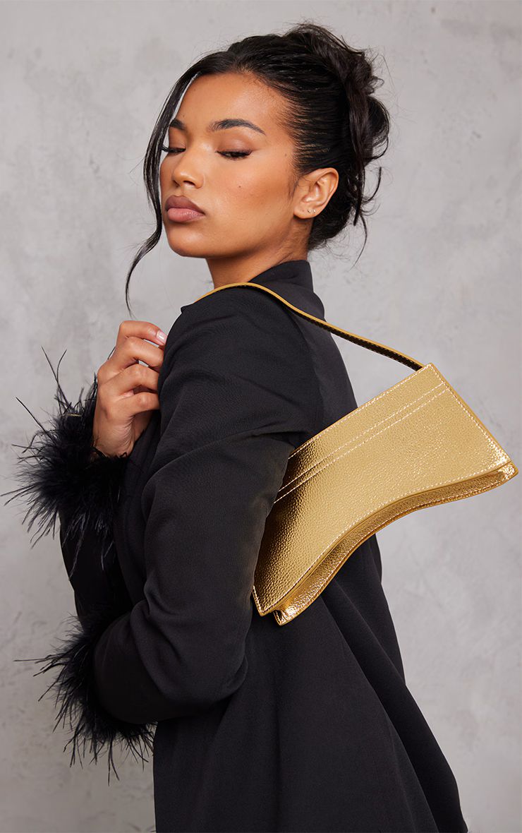 Gold Metallic Long Curved Shoulder Bag | PrettyLittleThing US