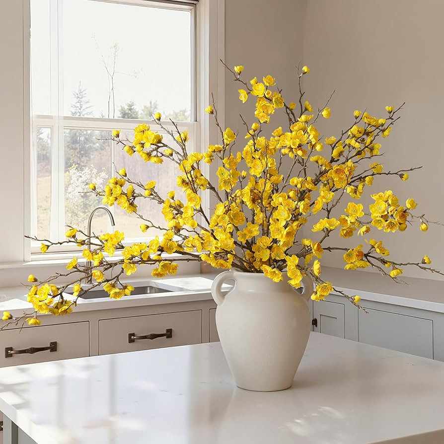 6 PCS Artificial Cherry Blossom Branches Spring Indoor Decoration, Faux Yellow Silk Flowers 34.45" Long Stems Real Touch Plum Fake Peach Plants for New Year Wedding Home Bedroom Table Office | Amazon (US)