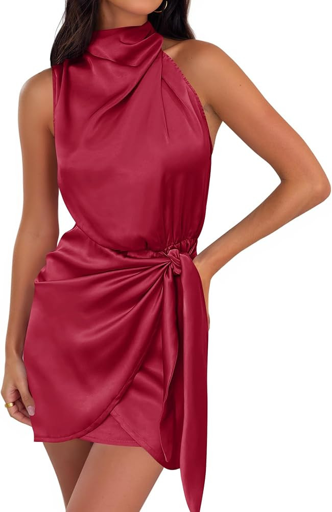 ZESICA Women's 2026 Fashion Satin Sleeveless Halter Neck Tie Waist Wrap Bodycon Cocktail Party Mi... | Amazon (US)