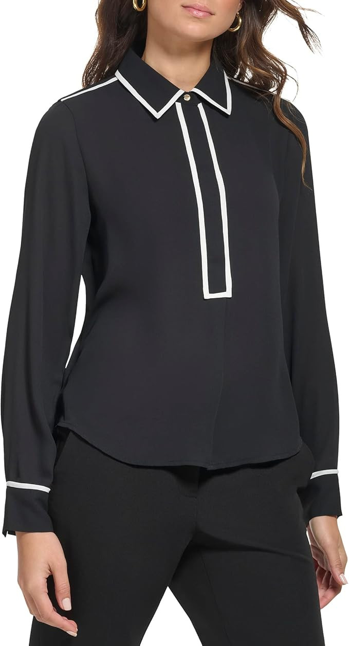 Tommy Hilfiger Women's Long Sleeve Button Up Blouse Contrast Trim Sportswear Shirts | Amazon (US)