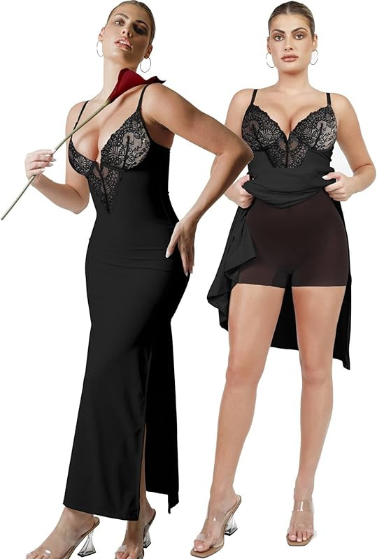 Lace Shaper Dress Built in Shapewear Deep-V Neck Satin Drape Slip Split Maxi Dress Bodycon Evenin... | Amazon (US)