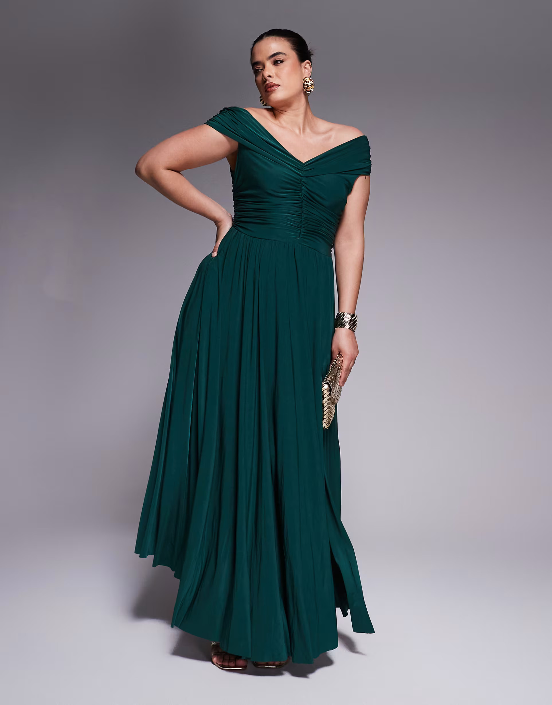 Goddiva Curve Gathered bardot bodice front split maxi dress in botanical green | ASOS | ASOS (Global)