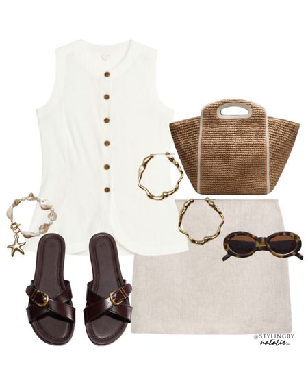 Longline linen button up waistcoat, linen mini skirt, straw clutch bag, hoop earrings, sunglasses and flat sandals. 
High street, summer outfit, neutral outfit, holiday outfit, vacation style.

#LTKeurope #LTKsummer #LTKstyletip