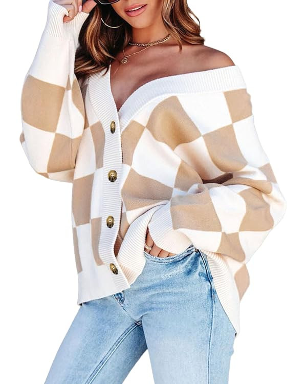 Dokotoo Womens Plaid V Neck Button Down Long Sleeve Cable Knit Oversized Cardigan Sweaters Tops | Amazon (US)