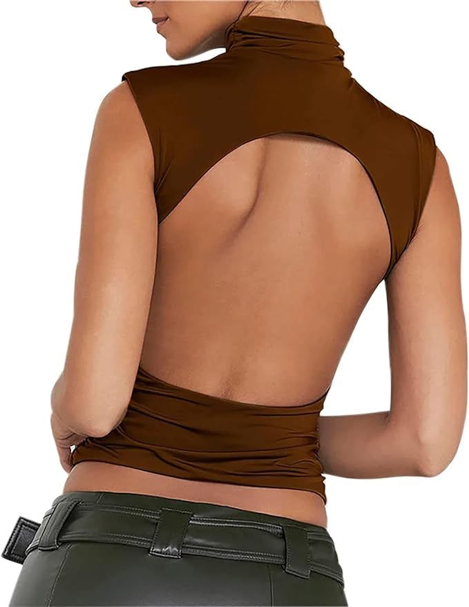 Women Sleeveless Mock Turtleneck Crop Tops Backless Ribbed Knit Crop Tank Top Y2k Solid Slim Fit ... | Amazon (US)