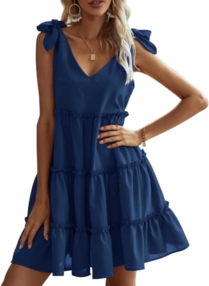 LIKI SWAN Women V Neck Sleeveless Midi Dress Casual Ruffle Summer Dress with Bow Shoulder Strap | Amazon (US)