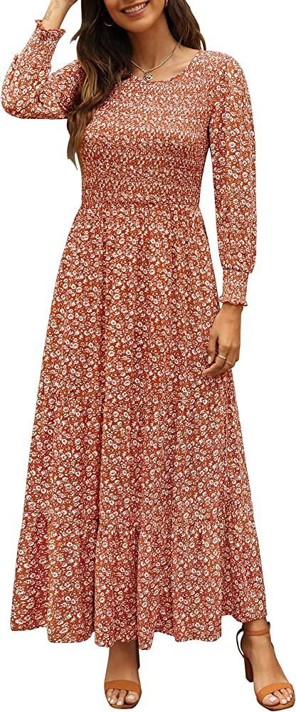 Annebouti Women Round Neck Long Sleeve Boho Floral Smocked Tiered Maxi Dress | Amazon (US)