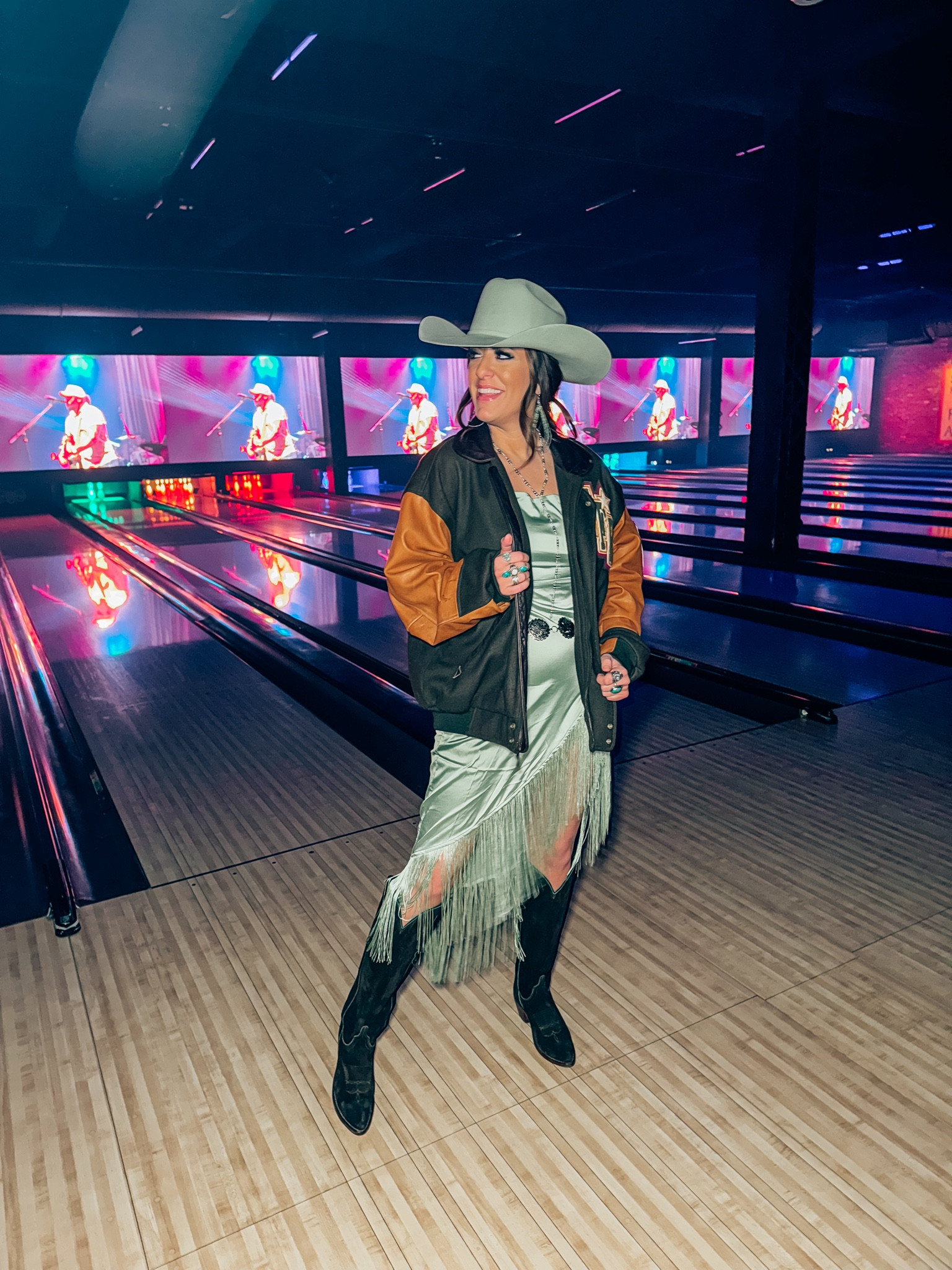 Fringe green dress and if our vintage jacket, cowboy hat, cowboy boots, great for holidays, Christmas parties, wedding guest dress, rodeo, rodeo, Houston and any event super cute with the Concho belt western cowgirl

#LTKfindsunder50 #LTKfindsunder100 #LTKstyletip