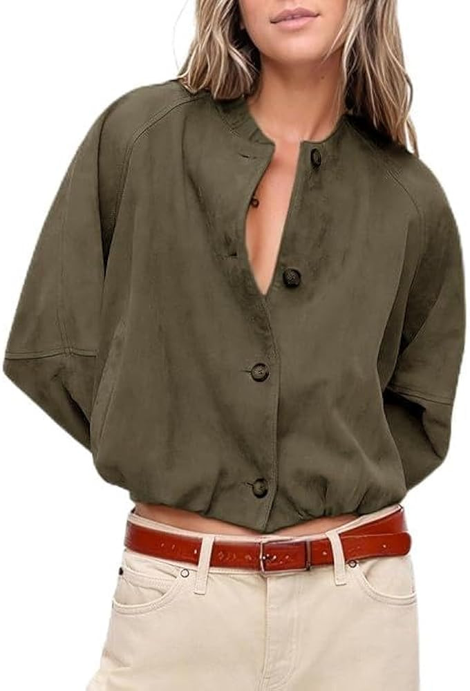 Daacee Women Faux Suede Cropped Jacket Vintage Button Front Round Neck Short Jackets Streetwear O... | Amazon (US)