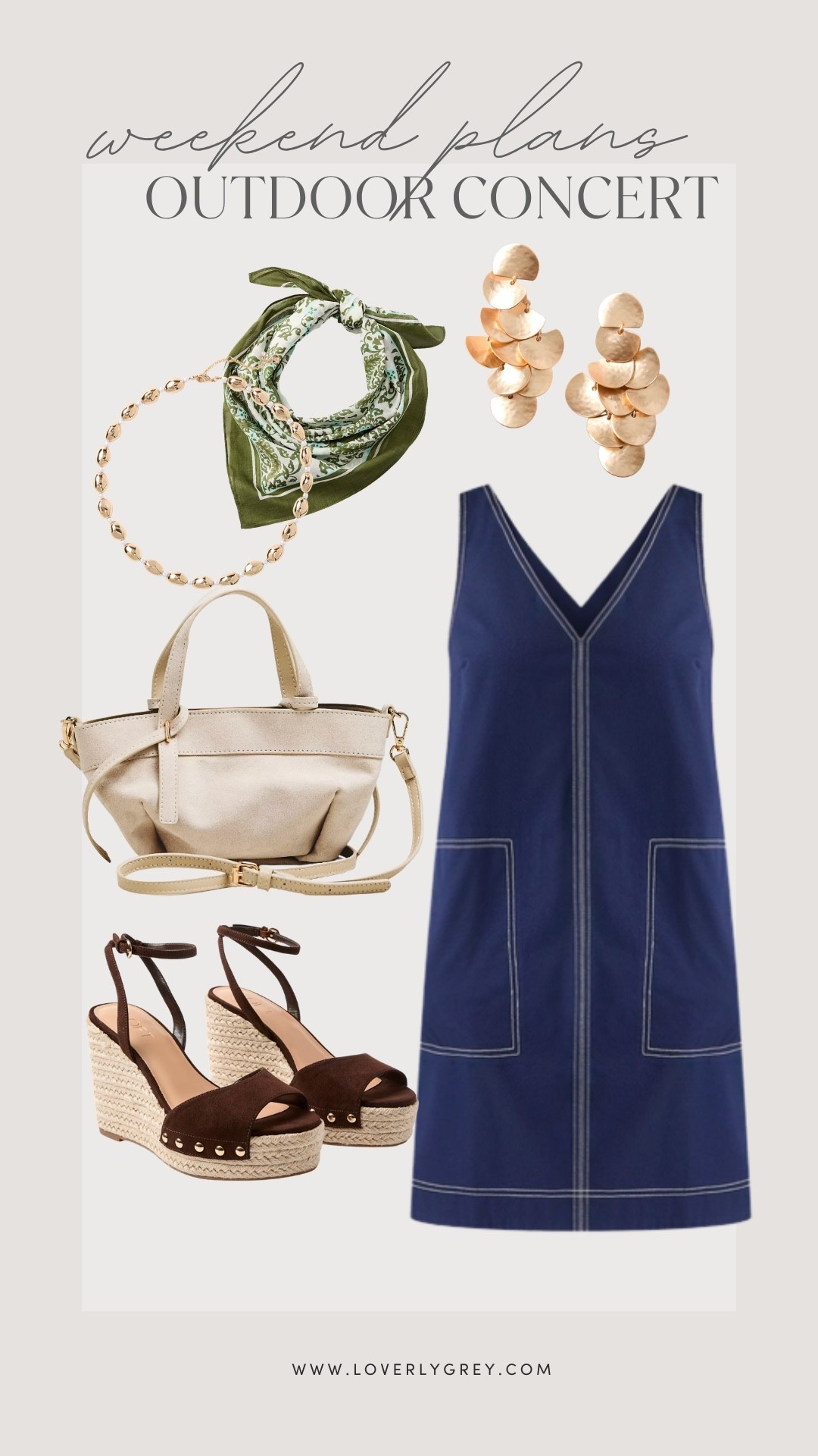 Loverly Grey, what to wear to an outdoor concert this summer! I love the silhouette of this navy dress from LOFT paired with these chocolate brown wedges. To complete the look I added some statement jewelry, a satin scarf, and a cream crossbody bag for the perfect finishing touches! 
Loverly Grey, what to wear, outdoor concert, LOFT fashion, summer outfit

#LTKSeasonal