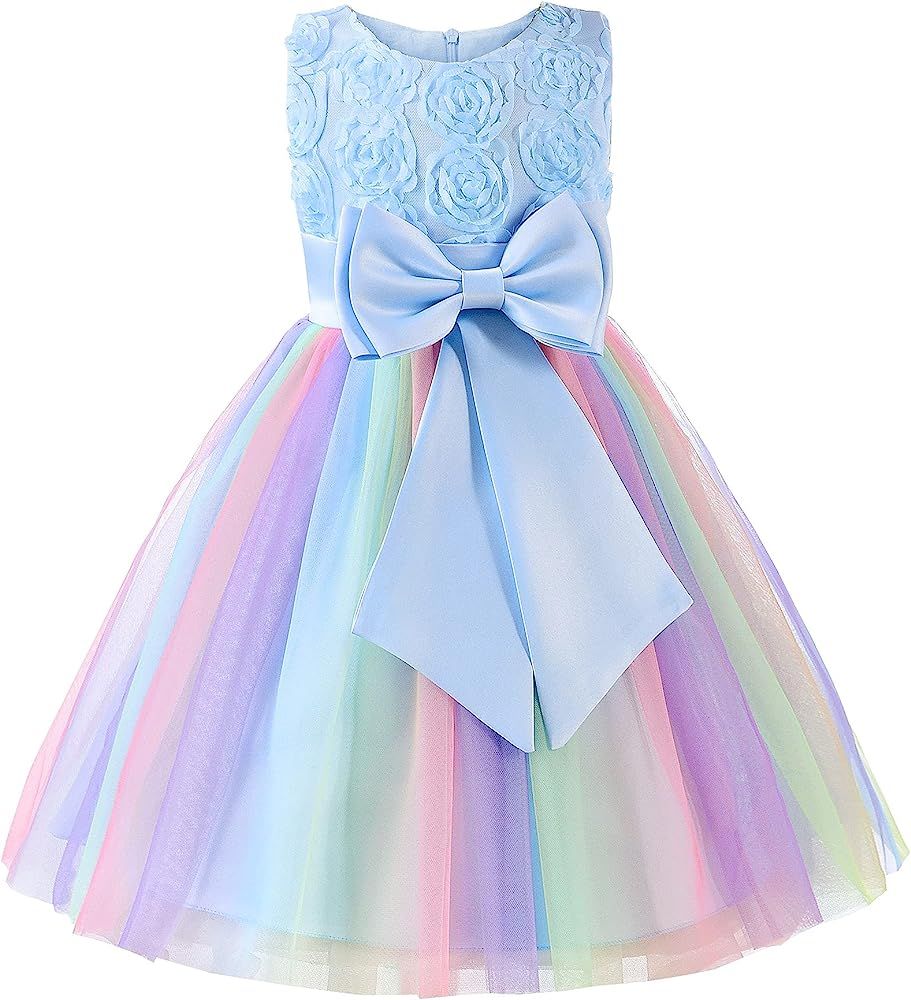Uhnice Little Girl's Sleeveless Tulle 3D Flower Rainbow Dress for Wedding Party | Amazon (US)