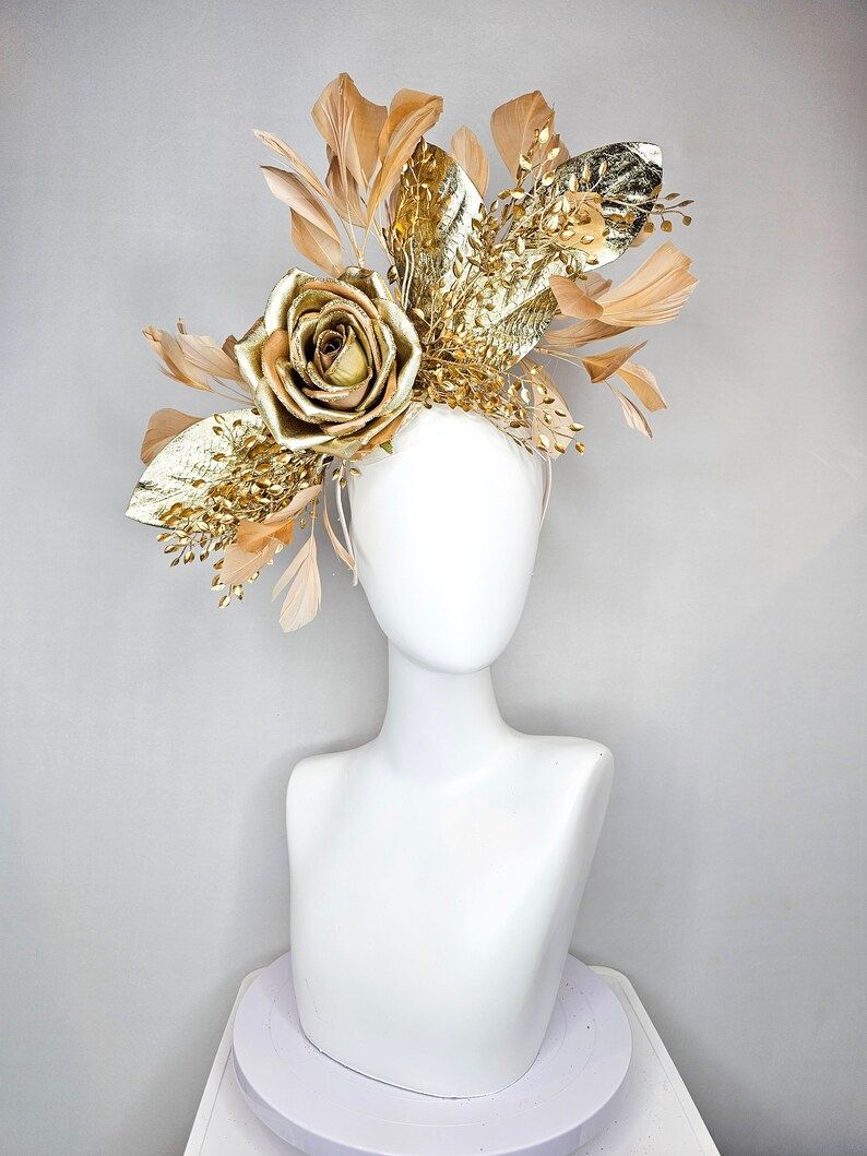 Kentucky Derby Hat Fascinator Gold Feathers and Gold Rose Flower With Gold Leaves - Etsy | Etsy (US)