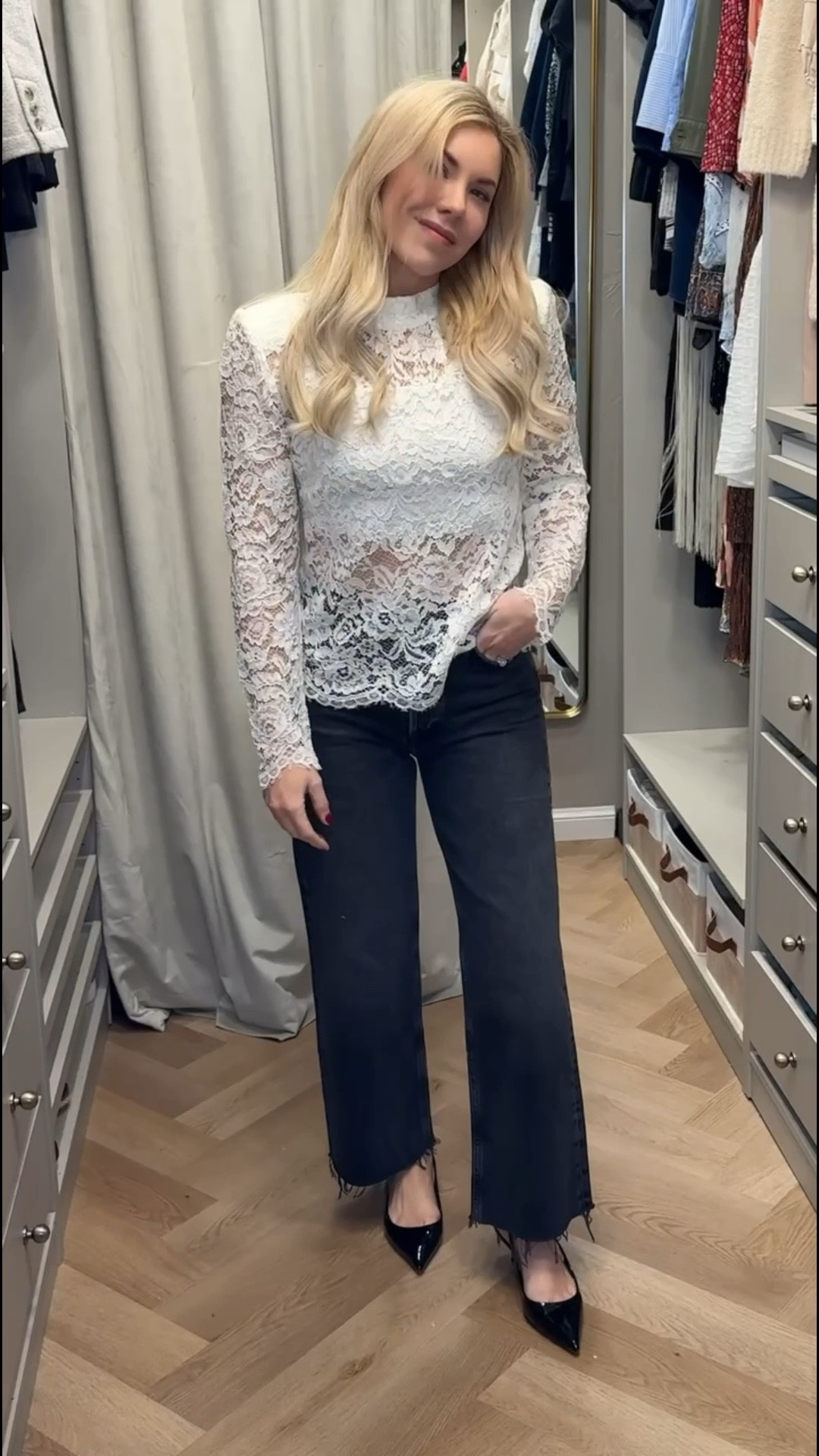 Lace top
Black jeans 
Wide leg cropped jeans 
Kitten heel 
Spring Outfit 

#LTKSeasonal #LTKgrwm #LTKootd