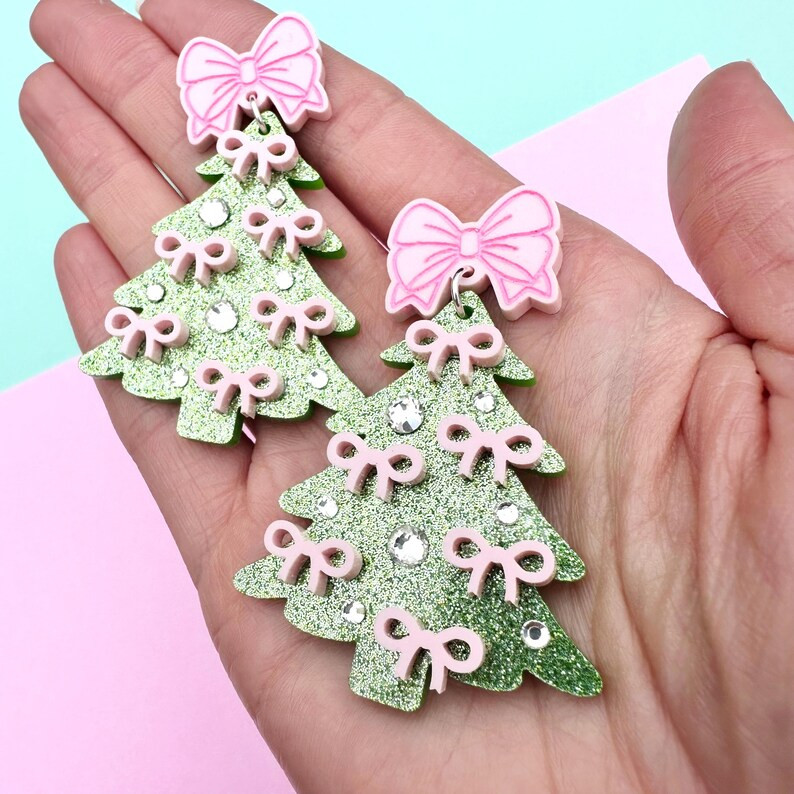 Pink Bow Christmas Tree Earrings, Girly Pink Retro Christmas, Kitschmas, Rhinestone Glitter Coque... | Etsy (US)