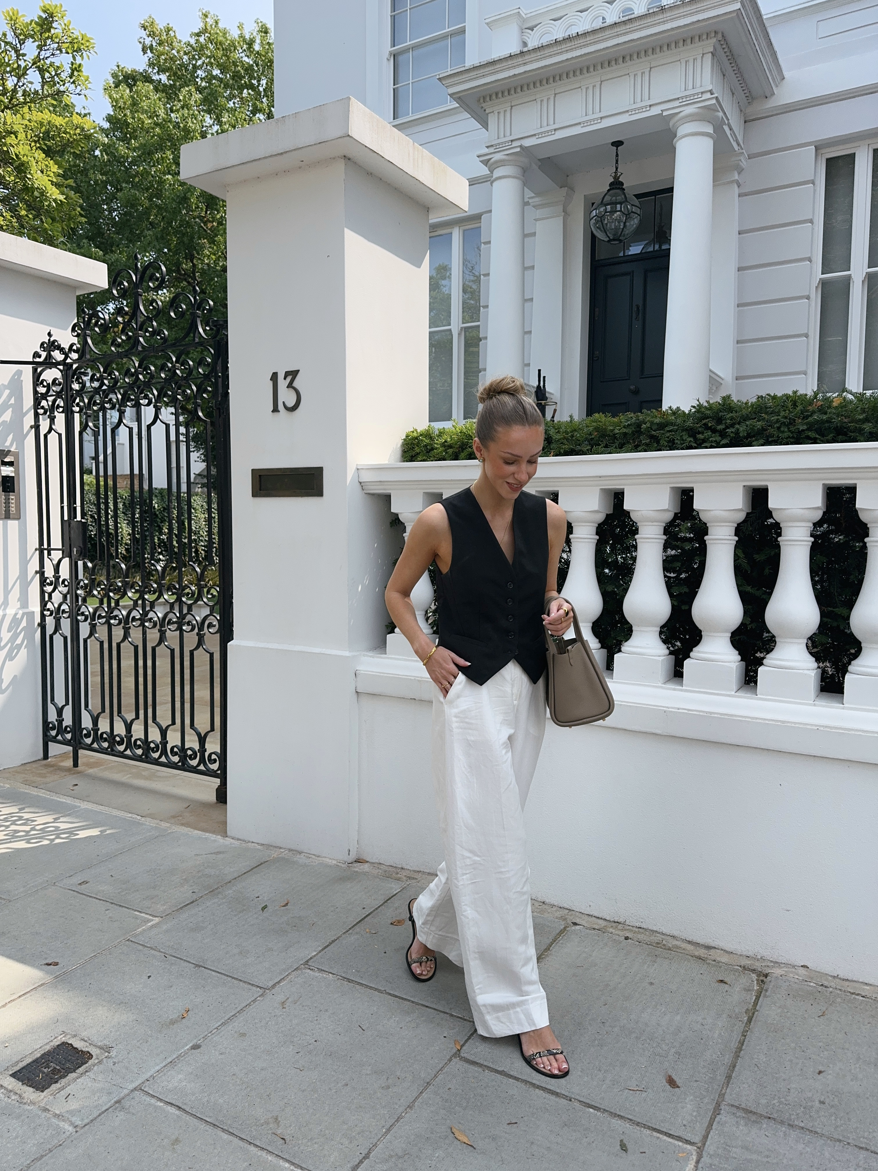 Linen White Trousers, H&M, Black Sandals, Songmont Bag, Black Waistcoat, Casual Outfit 

 #LTKuk #LTKspring #LTKstyletip