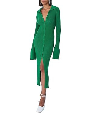 Women Button Down Knit Sweater Long Dress Vintage Long Sleeve V Neck Split Dress Casual Cardigan ... | Amazon (US)