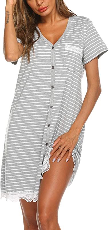 Ekouaer Women's Nightgown Striped Tee Short Sleeve Comfy Sleep Nightshirt Button Down Pajama Dres... | Amazon (US)