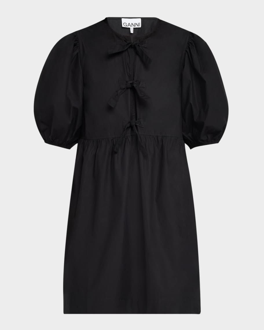 Ganni Tie-Front Puff-Sleeve Poplin Mini Dress | Neiman Marcus
