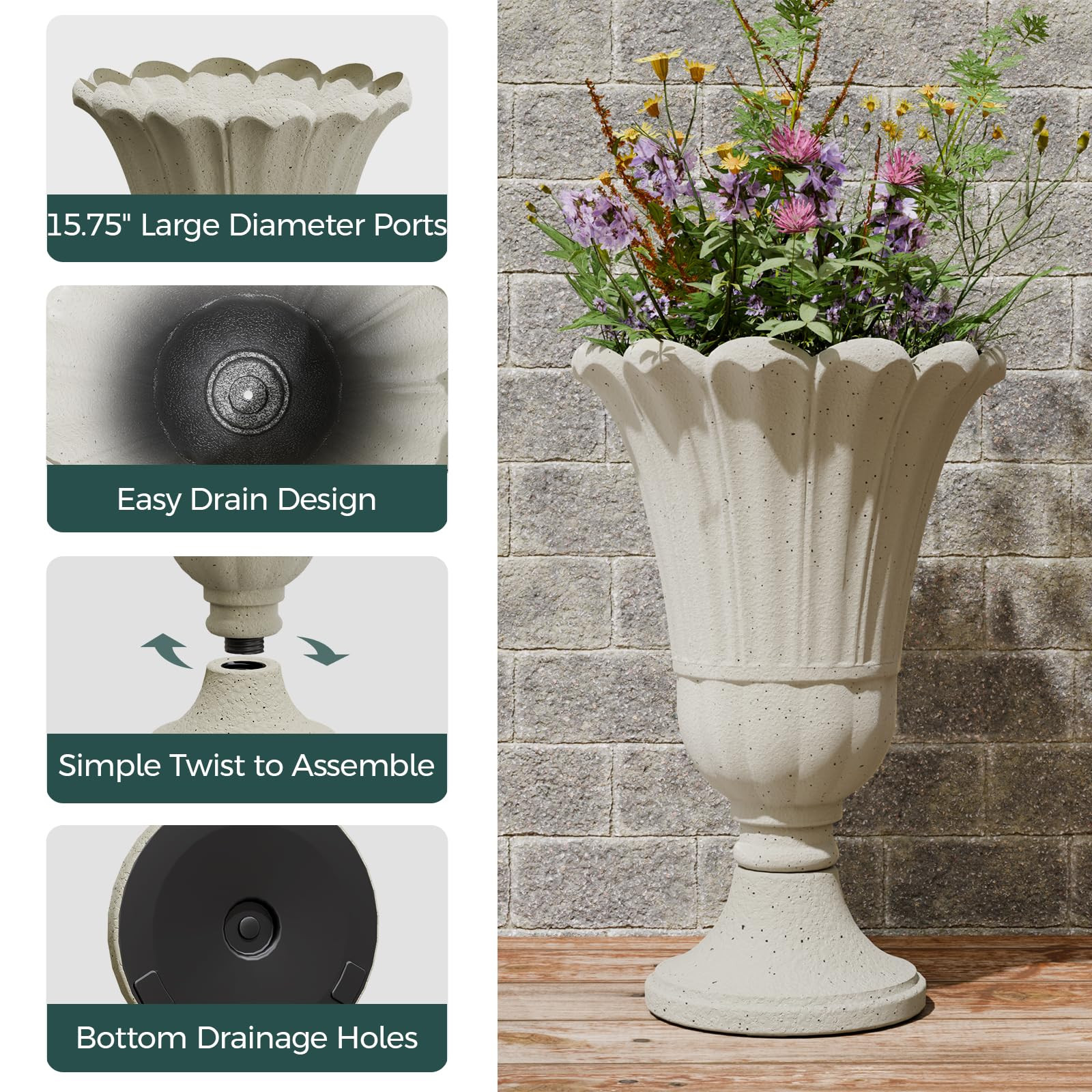 23.6" Tall Plastic Urn Planters for Outdoor Plants, Set of 2 Heavy-Duty Classic Indoor Large Flow... | Amazon (US)