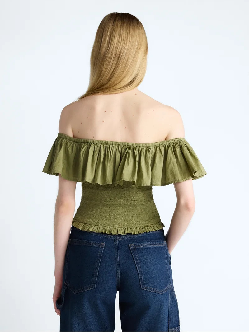Scoop Women’s and Women’s Plus Off-the-Shoulder Smocked Ruffle Cotton Top, Sizes XS-4X - Walm... | Walmart (US)