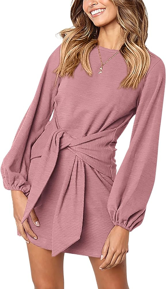 PRETTYGARDEN Women's Elegant Long Lantern Sleeve Short Dress Crewneck Tie Waist Knit Cocktail Dre... | Amazon (US)