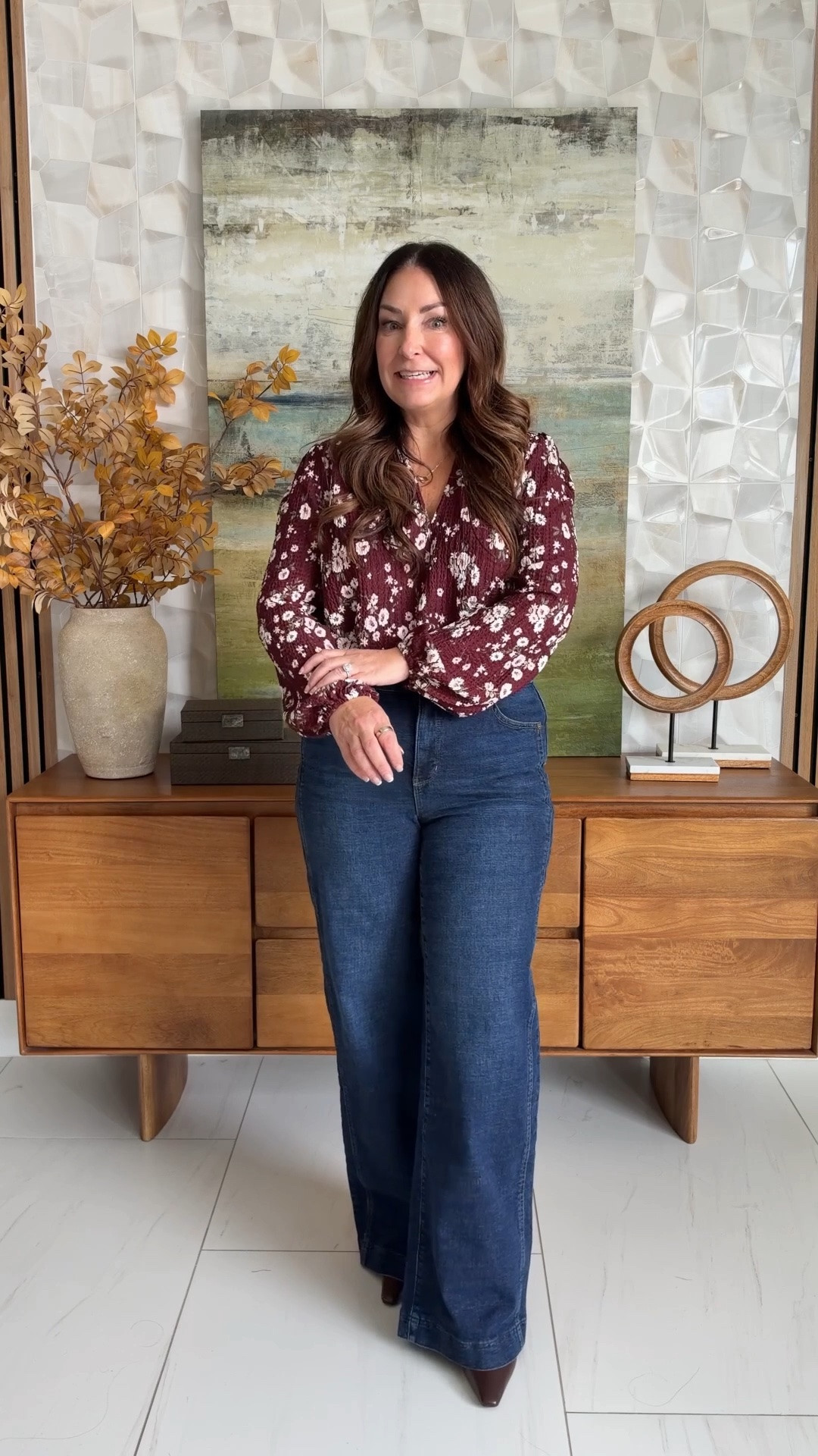 Fall outfit with burgundy printed blouse from @loft and wit and wisdom jeans 

Sizing: blouse tts, L | Wit & wisdom Jeans size down wearing 10

#LTKOver40 #LTKSeasonal #LTKMidsize
