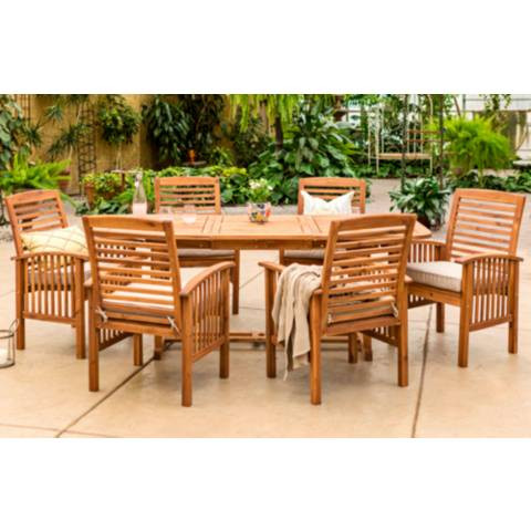 Preston Brown Acacia 7-Piece Patio Dining Set with Cushions - #1W162 | Lamps Plus | Lamps Plus