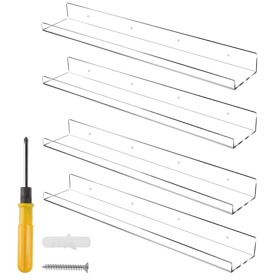 24 Inch Clear Floating Shelves 4 Pack Acrylic Shelves Invisible Floating Wall Ledge Bookshelf 5MM... | Amazon (US)