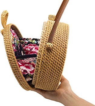 Handwoven Round Rattan Bag Shoulder Leather Straps Natural Chic Hand NATURALNEO | Amazon (US)