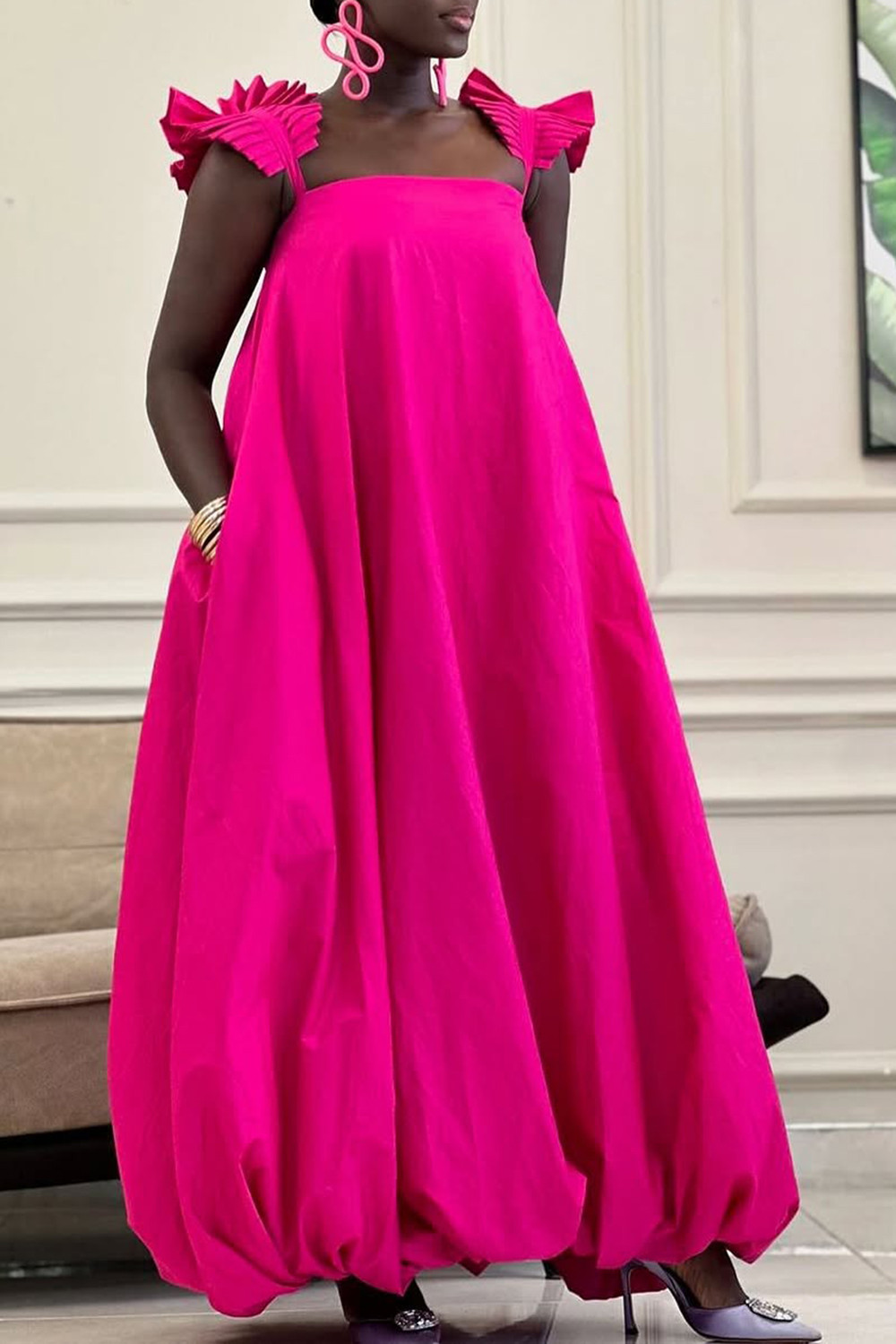Plus Size Vacation Hot Pink Square Neck Sundress Pocket Maxi Dresses | Xpluswear