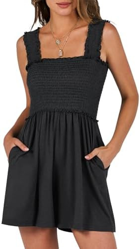 Caracilia Womens Rompers Casual, Square Neck Smocked Ruched One Piece Shorts, Summer Loose Jumpsu... | Amazon (US)