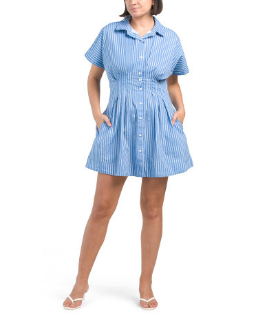 Short Sleeve Striped Pleated Waist Mini Dress | TJ Maxx