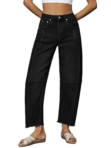 Genleck Barrel Jeans Women Wide Leg Vintage Baggy Ripped Jeans Y2k Boyfriend Ankle Denim Pants(Black,12) | Amazon (US)